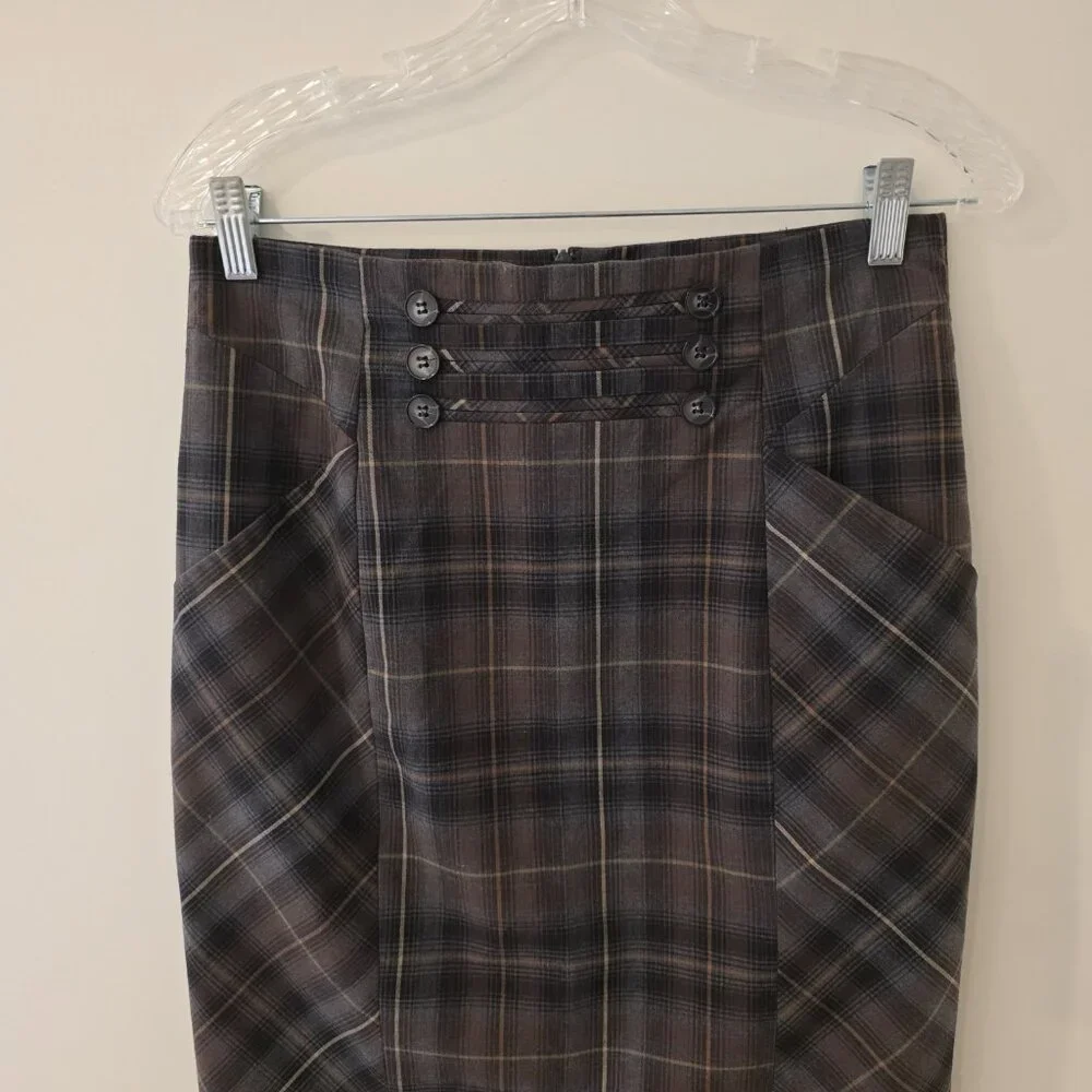 Katherine Barclay Skirt Pencil Straight Cut Black Brown Plaid Pockets Lined Sz 4